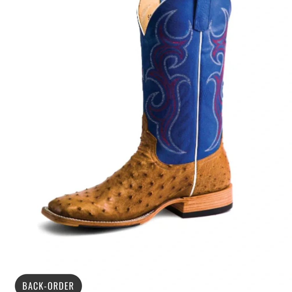 Horsepower Ostrich Men's Western Boots in Tan and Blue. - Picture 9 of 9